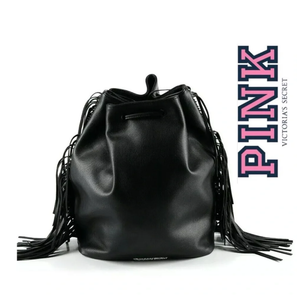 Victoria's Secret Black Leather‎ Style Backpack with Fringe Detailing 5231